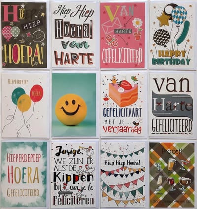 Verjaardag Wenskaarten - 12 Stuks - Gefeliciteerd - 12 x 17 cm - L-192