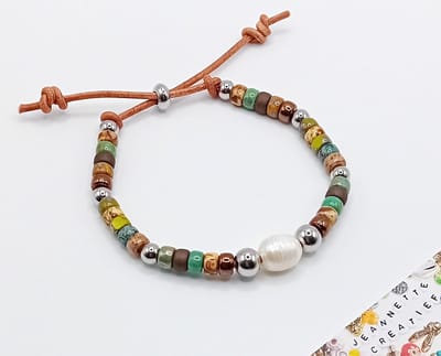 Jeannette-Creatief - Beach - Zoetwaterparel, RVS Beads & Matubo Beads Armband Leer Schuifknoop Ibizachic - Herenarmband - Unisex Armband - Armband - Parelarmband - Leren Armband - Valentijn - Vaderdag - Vaderdagcadeaus