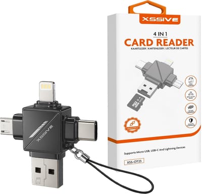 Xssive 4-in-1 SD Kaart Lezer - Geheugenkaartlezer voor MicroSD - Card Reader geschikt voor Lightning & USB-C - SD Kaartlezer USB C