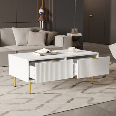 Moderne salontafel 100x50x40 cm - met gouden accenten - 2 laden - verticale strepen - bijzetkast voor bank - wit