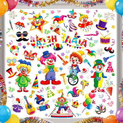 Carnaval Raamdecoratie met 9 Zelfklevende Clown Stickers voor Feestelijke Versiering en Circus Thema
