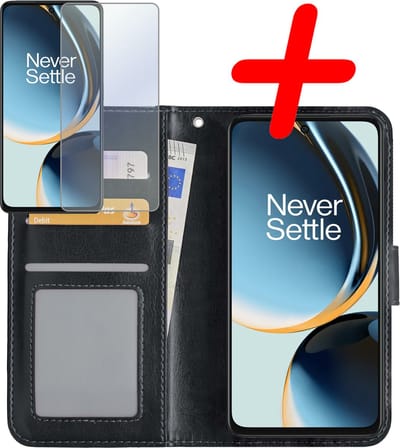 Hoesje Met Screenprotector - Geschikt voor OnePlus Nord CE 3 Lite - Luxe Pasjeshouder - Bookcase Portemonee - Flip Case - Kunstleer Book Case - Flipcase - Book Cover - Walletcase - Portemonneehoes - Zwart