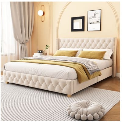 Gestoffeerd bed - 160x200 cm - Lichtbeige - Lattenbodem - Elegant design beige