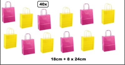 40x Papieren koordtas fuchsia en felgeel 18x8x22cm- goodiebag|papieren|draagtas|tas|koord|festival|kado|themafeest|party|geschenken