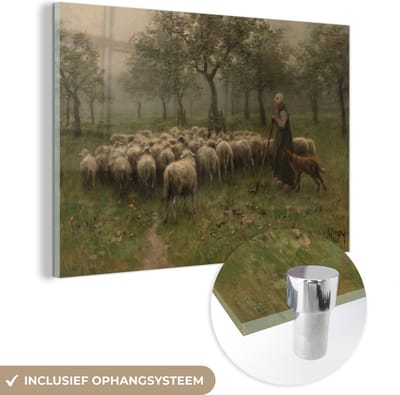 ® Glasschilderij 180x120 cm - Schilderij acrylglas - Herderin met kudde schapen - Schilderij van Anton Mauve - Foto op glas - Muurdecoratie woonkamer - Wanddecoratie slaapkamer - Schilderijen