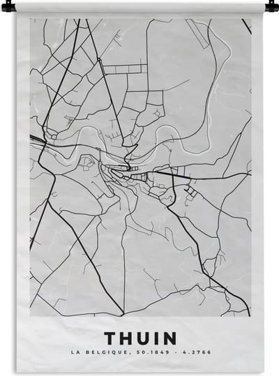 Wandkleed - Wanddoek - België – Thuin – Stadskaart – Kaart – Zwart Wit – Plattegrond - 120x180 cm - Wandtapijt