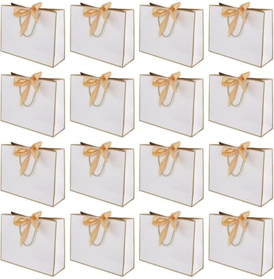Dailygoods- Geschenkzakken 16 Pack - Luxe Cadeau Zakken 32x25x11cm - Witte Papieren Zak met Gouden Lint - Robuuste Constructie - Versterkte Handgrepen - Ideaal voor Verjaardag/Bruiloft/Feest - Cadeauzakken