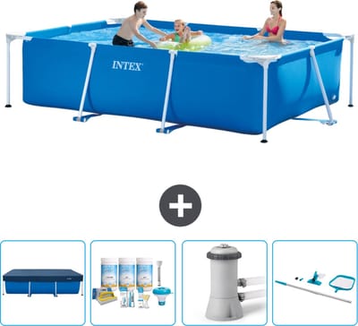 Intex Rechthoekig Frame Zwembad - 300 x 200 x 75 cm - Blauw - Inclusief Afdekzeil - Onderhoudspakket - Zwembadfilterpomp - Schoonmaakset