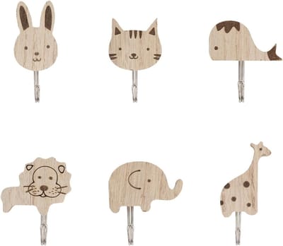Set van 6 schattige kledinghaken voor kinderen, zelfklevend, wanddecoratie, stevige houten haken voor kinderkamer, ruimtebesparend en praktisch