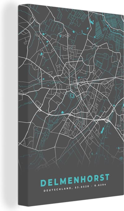 Canvas Schilderij Kaart – Plattegrond – Stadskaart – Delmenhorst – Duitsland – Blauw - 20x30 cm - Wanddecoratie