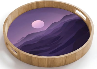 Dienblad rond 40x40 cm - Schootdienblad hout - Heuvels - Paars - Mist - Zon - Borrelplank rechthoek - Plateau houten dienbladen