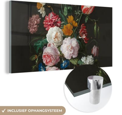 MuchoWow® Glasschilderij 40x20 cm - Schilderij acrylglas - Stilleven met bloemen in een glazen vaas - Schilderij van Jan Davidsz. de Heem - Foto op glas - Schilderijen