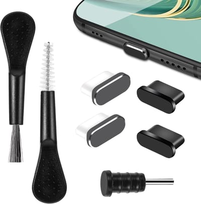 Daity 7-delige set voor het reinigen van mobiele oplaadpoorten - USB-C stofdichte dekselset - Type-C stofkap - met schoonmaakborstel - oplaadpoortbeschermkap (zwart)
