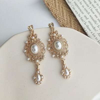 Boucles d'oreilles pendantes en perles dorées style palais vintage pour femme, style baroque, style bohème, élégantes, cadeau idéal gray