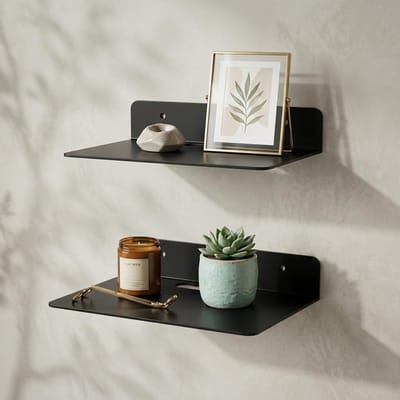 Moderne Wandplank met Kabeldoorvoer - 2-delige Set van Staal, Ideaal voor Woonkamer, Keuken en Badkamer, Zwart Metalen Plank voor TV en Accessoires, 23x16,5 cm