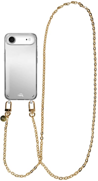 xoxo Wildhearts hoesje met spiegel geschikt voor iPhone 17 Air case - Dreamy Mirror Case - Lang koord - Siliconen telefoonhoesje met spiegel - Schokbestendig - Gouden schakelketting