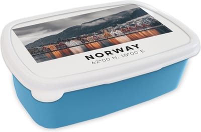 Broodtrommel Blauw - Lunchbox - Brooddoos - Noorwegen - Huizen - Meer - 18x12x6 cm - Kinderen - Jongen