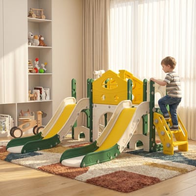 Kinderglijbaan, kasteelglijbaan voor kinderen, 7-in-1 glijbaan met basketbalstandaard, ladder, glijbaan en telescoop, voor binnen- en buitenspeeltuinen