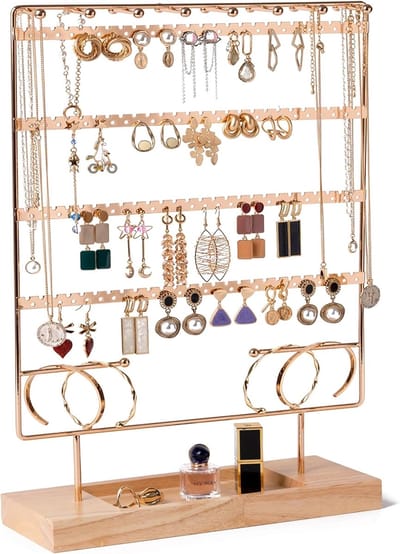 Oorbelhouder organizer oorbel standaard, 6-laags sieradenhouder organizer met houten dienblad, dubbele zijden ketting display toren opbergrek voor vrouwen meisjes, 208 oorbelhouders en groeven