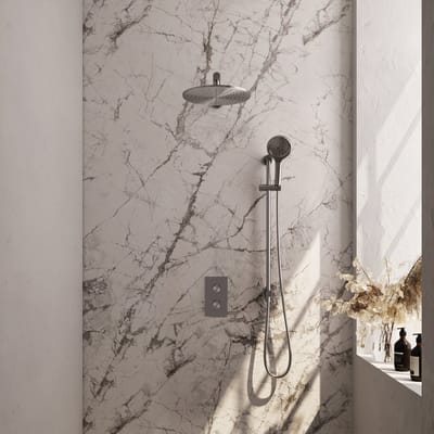 Brauer Brushed Edition thermostatische inbouw regendouche 3-weg omstelling SET 44 met 30 cm douchekop en rechte muurarm en 3-standen handdouche en doucheslang en geïntegreerde glijstang RVS geborsteld PVD