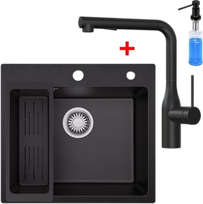 SOFETIY MAX Granieten Spoelbak Zwart / Antraciet (50*45cm) - Spoelbak Keuken Met Keukenkraan en Zeepdispenser 300ML - Spoelbakken Keuken – Wasbak Keuken Met Waterafvoersysteem