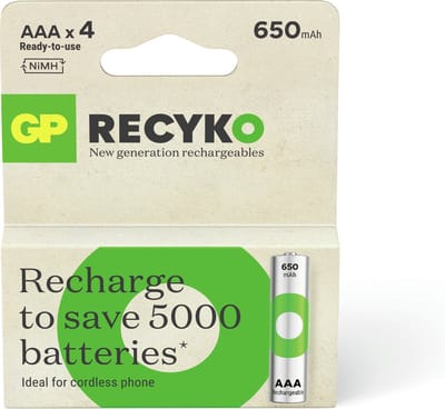 GP ReCyko Rechargeable AAA batterijen - Oplaadbare batterijen AAA 650mAh - 4 stuks AAA oplaadbare batterijen ideaal voor draadloze telefoons en solarlampen