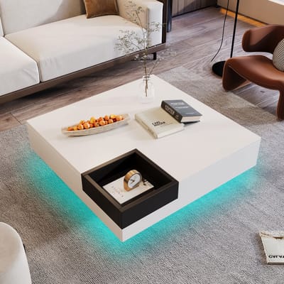 Sweiko Salontafel, Hoogglans Woonkamer tafel, Bijzettafel met LED lichteffect en afneembare opbergbox, Zwart-Wit blokken, 72x72x30cm