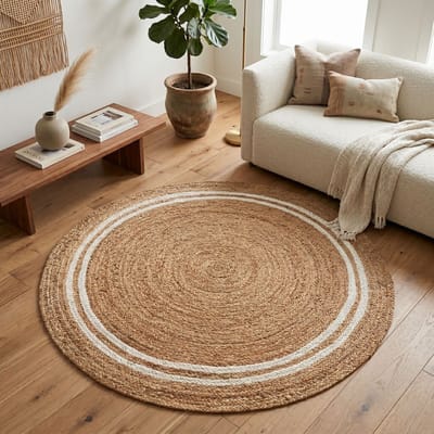 FLOORDIREKT Jute Vloerkleed Mumbai - Rond - Diameter: 150 cm - Raffia Vloerkleed van 100% Natuurlijke Vezels - Gevlochten Boho - Handgeweven Natuurlijk Vloerkleed - voor Keuken & Woonkamer - Robuust & Scheurvast
