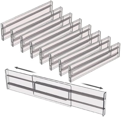 GELLDG Verstelbare ladeverdelers - 8-delige set - uitschuifbaar van 27,5 cm tot 52 cm - Verstelbare lade-organizer - geschikt voor servies, keuken, kaptafel, badkamer, cosmetica - Transparant grijs
