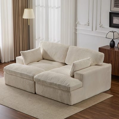 Multifunctionele Corduroy Slaapbank - Opvouwbaar, Met 2 Armleuningen - Comfortabel 4-in-1 Ontwerp – Voor 2 Personen - Direct gebruiksklaar - Extra bed voor gasten - Woonkamer & slaapkamer – 214x145x89cm - Wit
