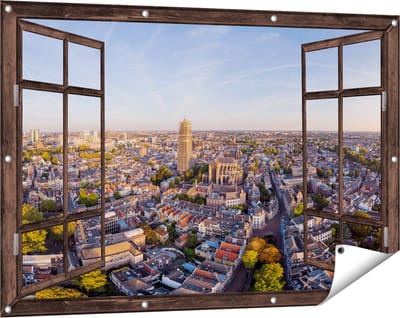 Gards Tuinposter Doorkijk Utrecht vanuit de Lucht - 120x80 cm - Tuindoek - Tuindecoratie - Wanddecoratie buiten - Tuinschilderij