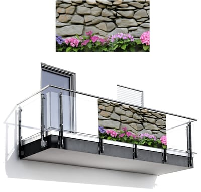 Balkonscherm 200x110 cm - Balkonposter Hortensiaâ€™s - Stenen - Muur - Bloemen - Balkon scherm decoratie - Balkonschermen - Balkondoek zonnescherm