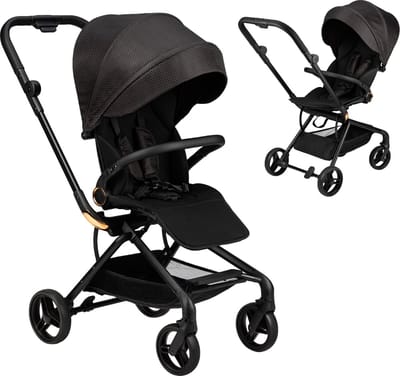 MoMi ADELLE Kinderwagen - 360° Draaibare Zitting - Omkeerbaar Zitje - Verstelbare Rugleuning - Tot 22 kg - Zwart Goud