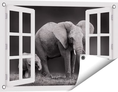 Gards Tuinposter Doorkijk Olifant Moeder en Zoon - Zwart Wit - 60x40 cm - Tuindoek - Tuindecoratie - Wanddecoratie buiten - Tuinschilderij