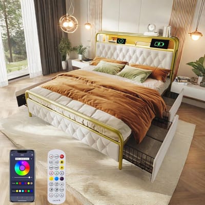 Tweepersoonsbed 140x200 met LED-verlichting en USB-aansluiting - Gestoffeerd bed met opbergladen