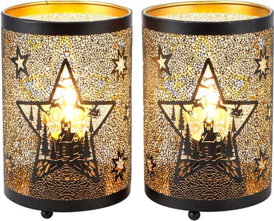 Set van 2 Metalen Tafellampen met Decoratieve Lantaarn en Uitsnijdingen voor Woonkamer, Tuin en Feestjes, Ideaal voor Binnen en Buitengebruik