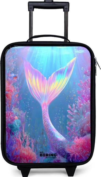 NoBoringSuitcases.com® - Kinderkoffer jongen - Kindertrolley meisje - Zeemeermin - Koraal - Water - Koffer kind lichtgewicht - Reiskoffer trolley voor kinderen - Koffertje met lichtgevende wieltjes - Rolkoffer zwart