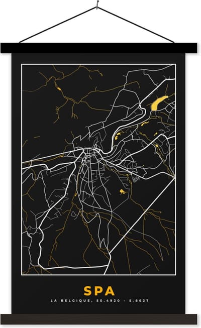 Posterhanger incl. Poster 40x60 cm - Schoolplaat - Spa - Kaart - Stadskaart - Goud - Plattegrond - Textielposter - Zwarte latten - Stadskaart