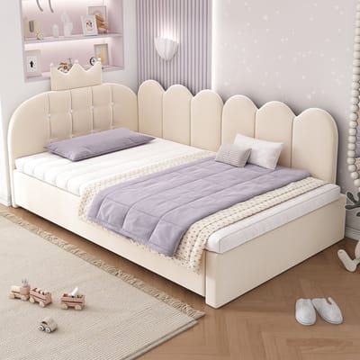 90x200 cm slaapbank - met uitschuifbaar bed 90x190 cm - L-vormig - kroonruitpatroon ontwerp - kinderbed - zonder matras - beige