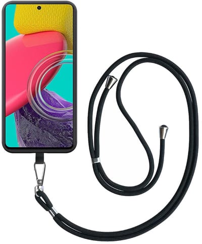 Geschikt voor Samsung Galaxy M53 Telefoonhoesje met Afneembaar Zwart Koord - Flexible Back Cover Case Siliconen TPU with Black Lanyard - Zwart - Smartphonica geschikt voor Samsung Galaxy M53 5G