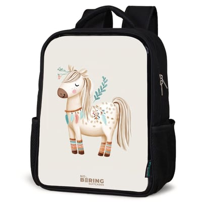 NoBoringSuitcases.com® - Rugzak zwart - Schooltas jongen & meisje - Bohemian paard in beige tinten - Rugtas voor school - Boekentas kind - Schoolrugzak - Kinderrugzak