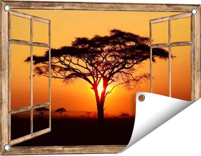 Gards Tuinposter Doorkijk Zonsondergang Achter een Savanne Boom - 60x40 cm - Tuindoek - Tuindecoratie - Wanddecoratie buiten - Tuinschilderij