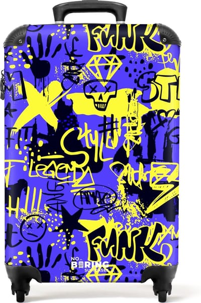 NoBoringSuitcases.com® - Handbagage koffer lichtgewicht - Reiskoffer trolley - Gele en zwarte graffiti op paarse achtergrond - Rolkoffer met wieltjes - Past binnen 55x40x20 en 55x35x25