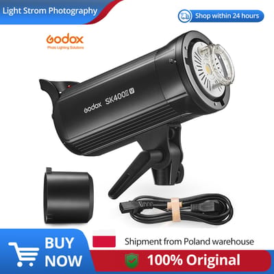 Godox SK300IIV, SK300II-V 300Ws, SK400IIV, SK400II-V 400Ws studio flitslicht monolight met 2.4G draadloos X-systeem, GN65, 5600K kleurtemperatuur, en een LED-modellamp.