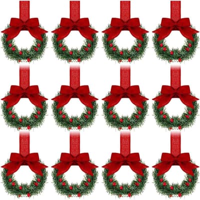 QTTVBTNA - 12 Stuks Mini Kerstkransjes - Keuken Decoratie met Lint - Klassieke Boerenstijl Kransjes voor Kast en Raam - Feestelijke Kerst Accessoires voor Sinterklaas en Kerstmis - Rode