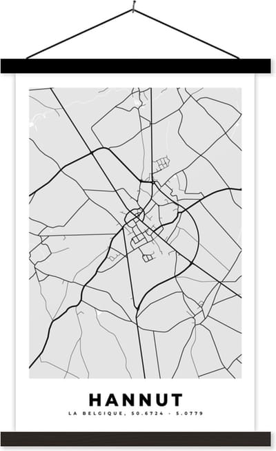 Posterhanger incl. Poster 40x60 cm - Schoolplaat - Zwart Wit – België – Plattegrond – Stadskaart – Kaart – Hannut - Textielposter - Zwarte latten - Stadskaart