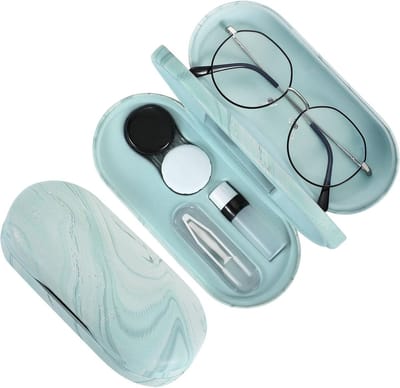 Dubbele Laags Bril Etui, 2-in-1 Zonnebril en Contactlenzen Opbergtas met Spiegel, Lichtgewicht Reisetui voor Dames en Heren in Waterkleur Blauw