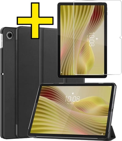 Hoes - Geschikt voor Lenovo Tab 10.1 inch - Met Screenprotector - Trifold Bookcase - Hard Cover - Hardcover Book Case - Tablet Hoesje - Zwart