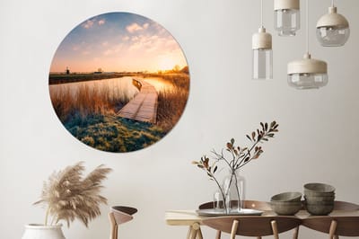 WallCircle - Wandcirkel - Muurcirkel - Zonsondergang in de Nederlandse polder - Aluminium - Dibond - 140x140 cm - Binnen en Buiten
