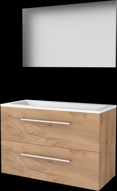 Basic-Line Basic 46 Badkamermeubelset - 100 x 46 cm - Met Grepen - 2 Lades - Acryl Wastafel - Zonder Kraangat - Spiegel - Whisky Oak